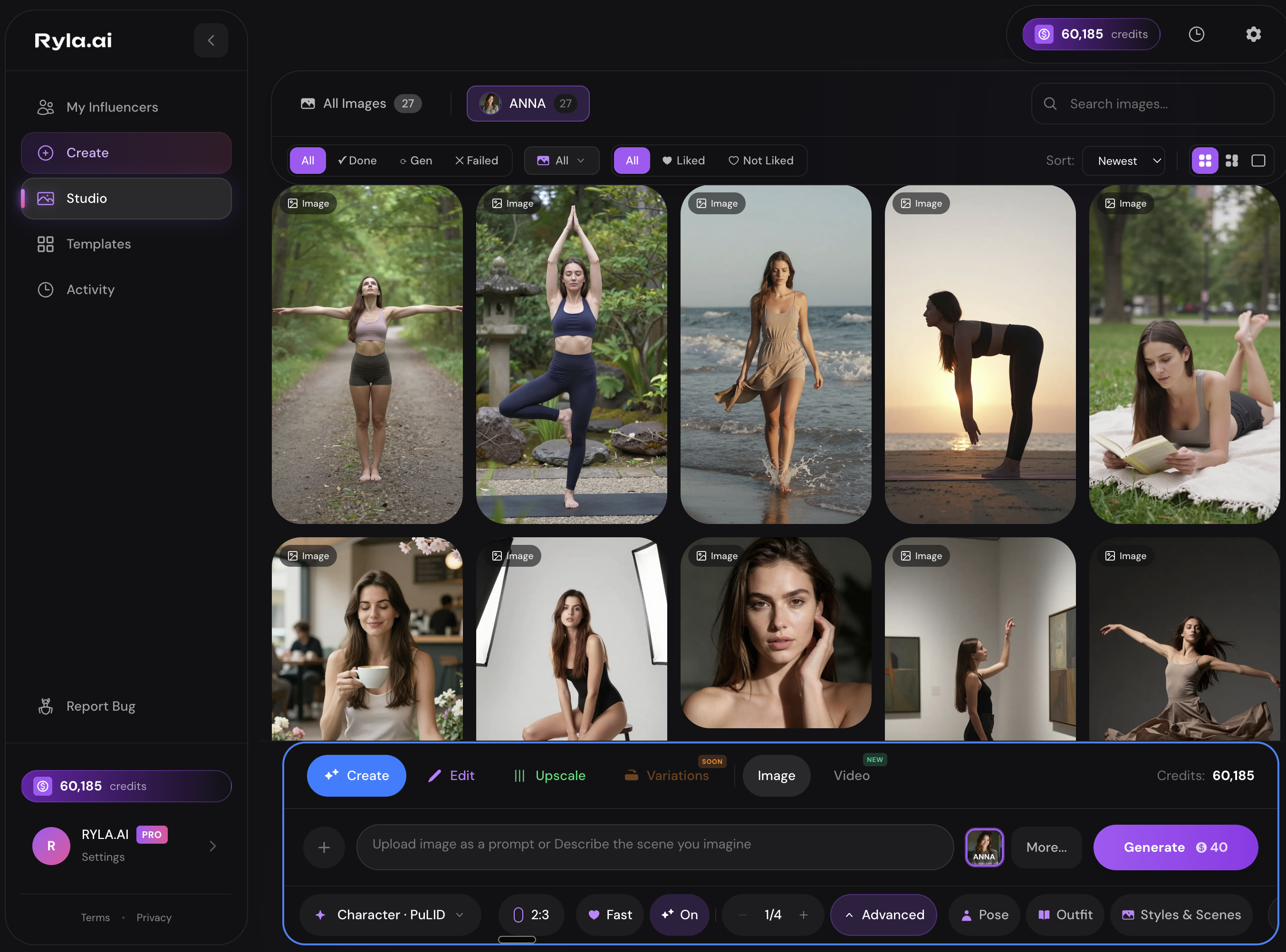 RYLA Studio — Create, Edit, Upscale, prompt bar and Generate